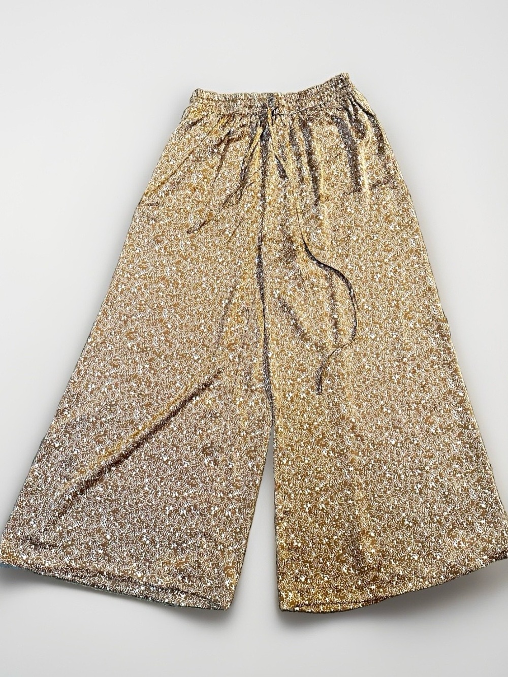 Tan Camel Satin Wide Leg Pants Elastic Drawstring Artsy Flowy High Waisted Sz L